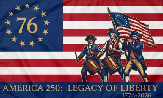 America 250 Legacy of Liberty flag with the 76 star circle and Spirit of '76 drummers
