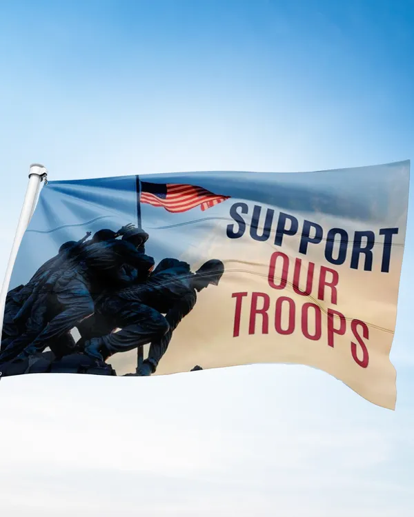Support Our Troops flag with soldiers raising the American flag