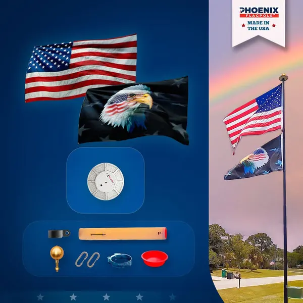 Phoenix Patriot Kit: American flag, patriotic eagle flag, solar flagpole light and hardware
