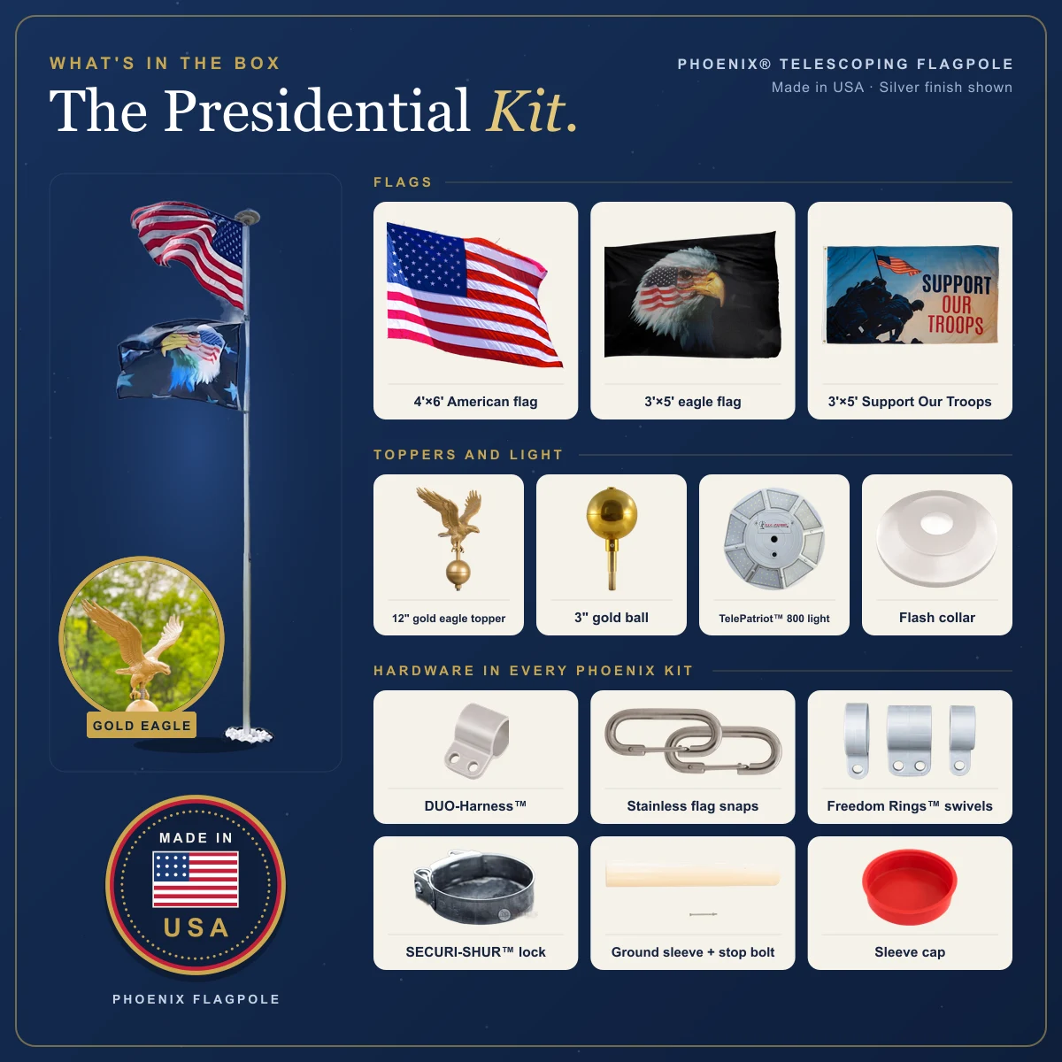 Everything in the Phoenix Presidential Kit: the Premier Kit plus the gold eagle topper, flash collar, solar light, eagle and Support Our Troops flags